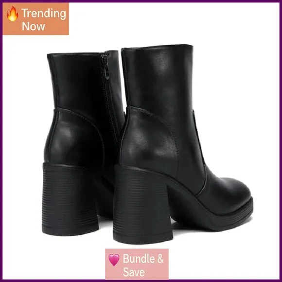 Platform Ankle Boots with Zipper, Square Toe, Chunky Block Heel